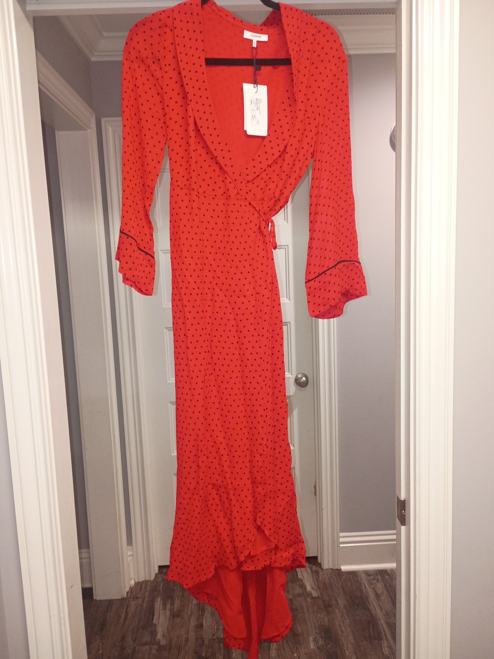 Ganni Red Polka Dot Wrap High-Low Midi Dress Womens Size Medium New